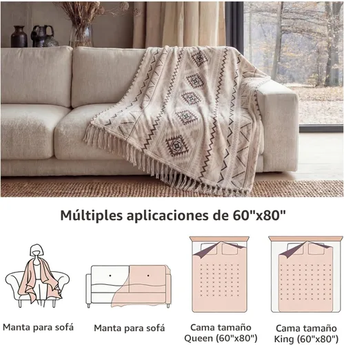 Vista 7 de CASAAGUSTO Manta Boho - Mantas Decorativas Beige y Gris con Borla, Manta Bohemia de Franela Estampada para Silla, Cama, Sofá, Sillón