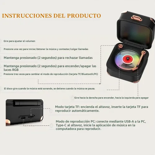 Vista 9 de Altavoz Bluetooth retro con luz de vinilo RGB, Turnables, tocadiscos pequeño, deco estética, sonido estéreo, batería larga, mini altavoz vintage