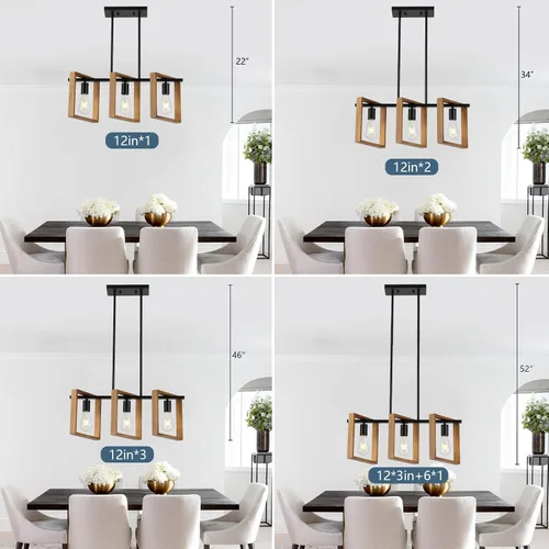 Vista 5 de 9MMML Lámpara de 3 luces para isla de cocina, lámpara de comedor negra, con marco de madera, para sala de estar, vestíbulo, entrada, pasillo, E26