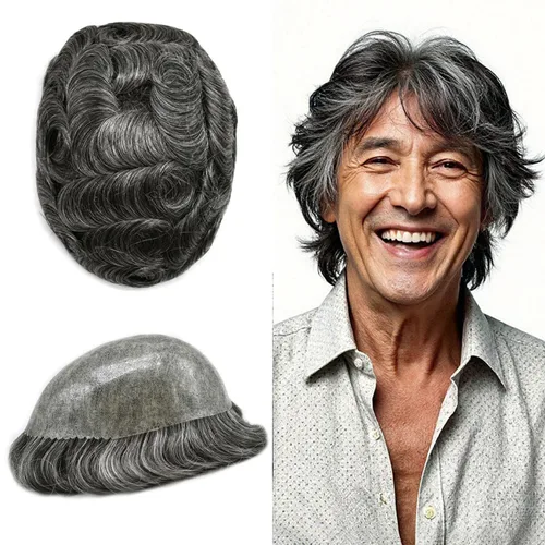 Vista 413 de Toupee para hombre 100% cabello humano real tupé para hombres 0.004 in piel de poliuretano para hombre, sistema de reemplazo de piezas de pelo