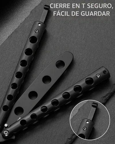 Vista 7 de Dispatch Cuchillo mariposa de entrenamiento Balisong sin afilar con hoja de acero inoxidable, mango 3Cr13 negro (con recortes) y traba