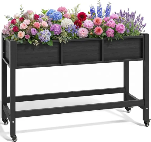 Vista 10 de YITAHOME Cama de jardín elevada de polietileno de alta densidad, 47 x 18 x 31 pulgadas, maceta elevada de madera de polietileno resistente a