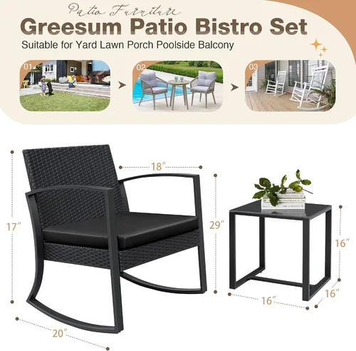 Vista 7 de Greesum Juego de muebles de patio de 3 piezas, juego de conversación de ratán de imitación para todo tipo de clima, juego de mecedora para Negro