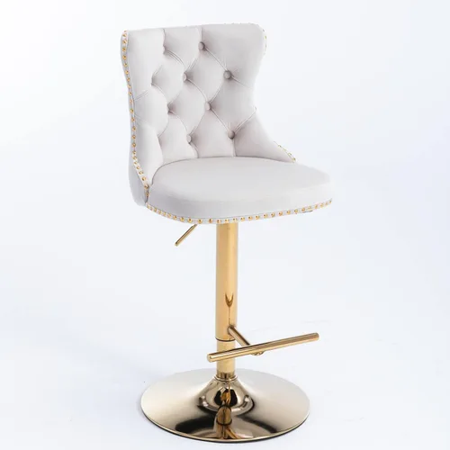 Vista 6 de Taburete de bar giratorio ajustable de altura de mostrador, silla de bar tapizada de terciopelo dorado con base cromada con respaldo acolchonado