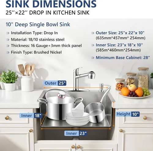 Vista 3 de Herogo 25×22 Inch Kitchen Sink, Stainless Steel Drop In Single Bowl 10'' Deep Kitchen Sink with Accessories, for Rv Bar Farmhouse