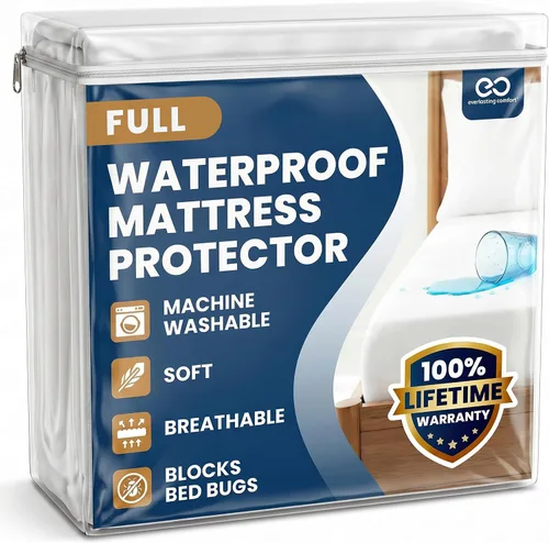 Vista 12 de Everlasting Comfort Protector de colchón prémium tamaño King, impermeable e hipoalergénico, diseño silencioso, funda lavable, bolsillo profundo