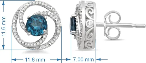 Vista 3 de Jewelili Aretes de plata de ley de 0.197 in con topacio azul Londres y 16 Cttw de diamante redondo blanco natural, Metal, Diamante Topacio