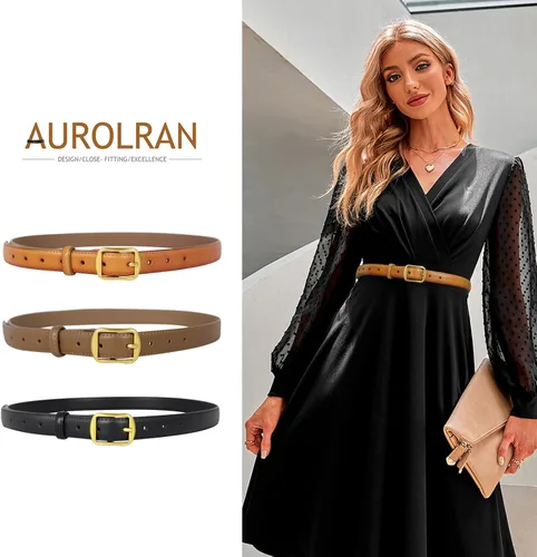 Vista 399 de Cinturón de cuero clásico con hebilla de metal para mujer con vestido de jeans