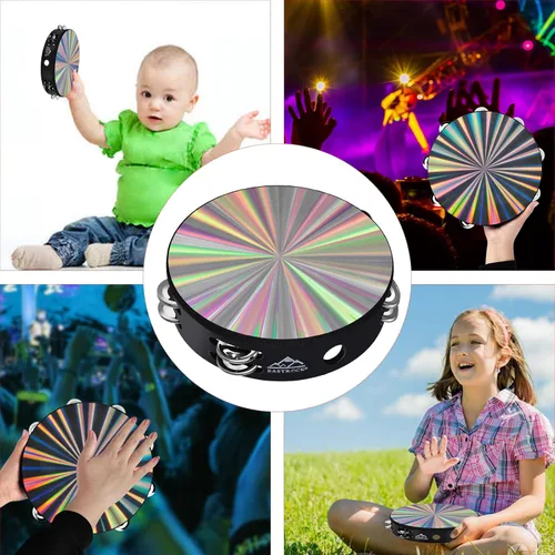 Vista 7 de EASTROCK Pandereta Radiante de Mano de 8 Pulgadas con Doble Fila de Cascabeles Pandereta Reflectante Instrumento Musical para Niños Adultos Iglesia