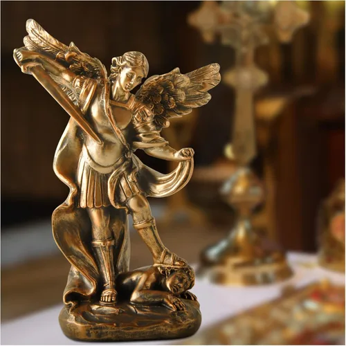 Vista 8 de Estatua de San Miguel Arcangel - Figura de ángel de San Miguel, estatua de resina con acabado de bronce antiguo, ideal para coleccionistas