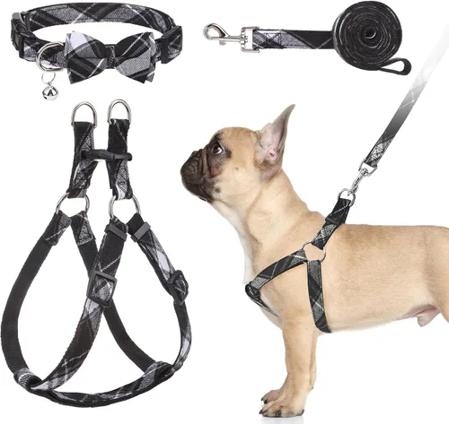 Vista 23 de Juego de arnés para perro con correa y collar de corbatín - Arnés para cachorro a cuadros beige, a prueba de escape, chaleco ajustable sin tirones