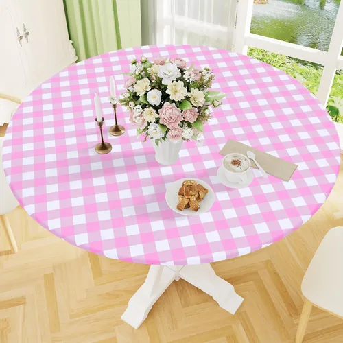 Vista 19 de Smiry - Mantel redondo de picnic de vinilo elástico impermeable con respaldo de franela, mantel de vinilo ajustable para mesas de 31-35 pulgadas