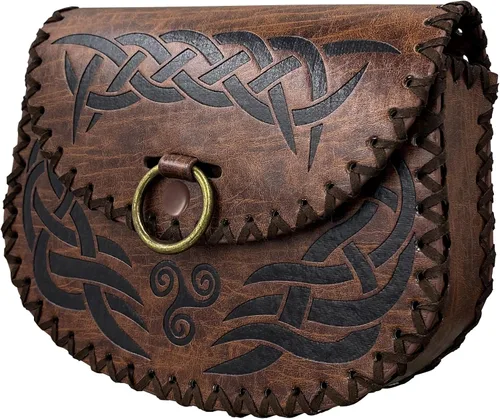 Vista 2 de HiiFeuer Viking Bolsa de cinturón en relieve, mochila lateral de piel sintética medieval vintage, bolsa de cinturón portátil para la edad media