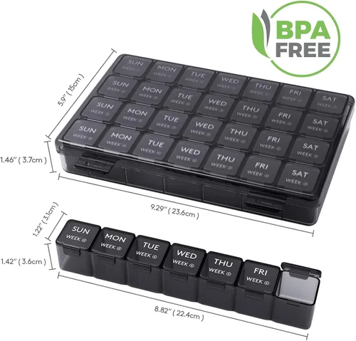 Vista 4 de Lifewit Organizador mensual de píldoras, pastillero de 28 días, 4 semanas, un mes, cajas de vitaminas, compartimentos grandes, organizador de Negro