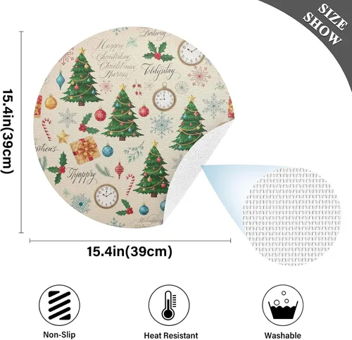 Vista 4 de Christmas Trees Beige Table Place Mats, Heat Resistant Non Slip Dinner Placemats Round for Kitchen one sizex6