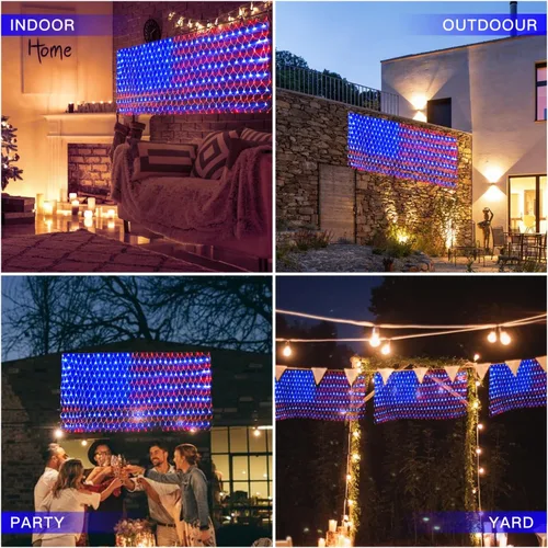 Vista 4 de Luces de bandera estadounidense, 420 luces LED de red de bandera de Estados Unidos, decoraciones del 4 de julio, decoración patriótica impermeable
