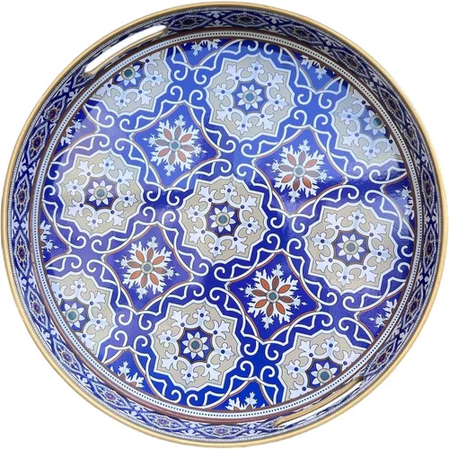 Vista 10 de Bandeja decorativa redonda, plástico mármol con asas, tocador moderno y para servir otomana, mesa auxiliar, cocina y baño, tamaño 13 pulgadas, negro