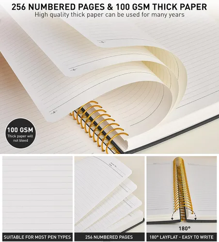 Vista 5 de Cuaderno de espiral A4 de 8.5 x 11 pulgadas, 256 páginas numeradas, de tapa dura, de cuero, para mujeres y hombres, cuadernos grandes rayados
