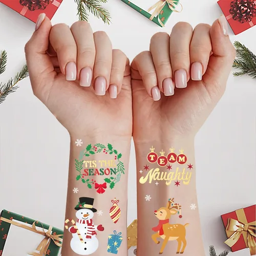 Vista 3 de Decoraciones de Navidad, tatuajes temporales, 52 estilos de purpurina para niños, equipo travieso, bonito recuerdo de fiesta de Navidad, árbol