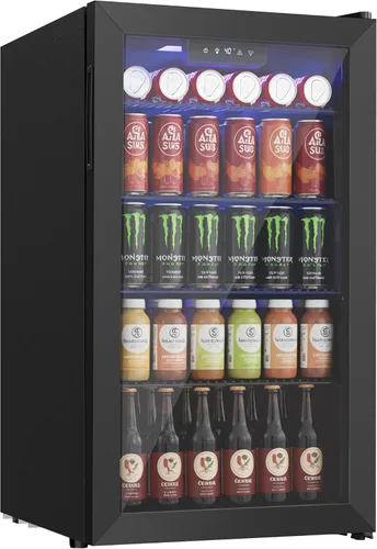 Vista 8 de Icyglee Refrigerador de bebidas, mini refrigerador para 16 botellas y 68 latas con puerta de vidrio, refrigerador independiente de bebidas para vino