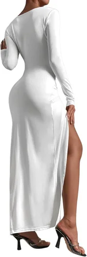 Vista 2 de Floerns Vestido largo de manga larga con cuello redondo y dobladillo con abertura frontal para mujer