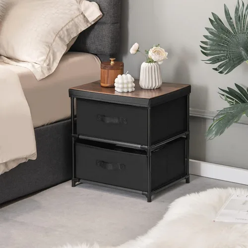 Vista 2 de GOFLAME Cómoda de tela con 2 cajones, mesita de noche para dormitorio, mesita de noche con contenedores y asas de tela extraíbles, mesa auxiliar