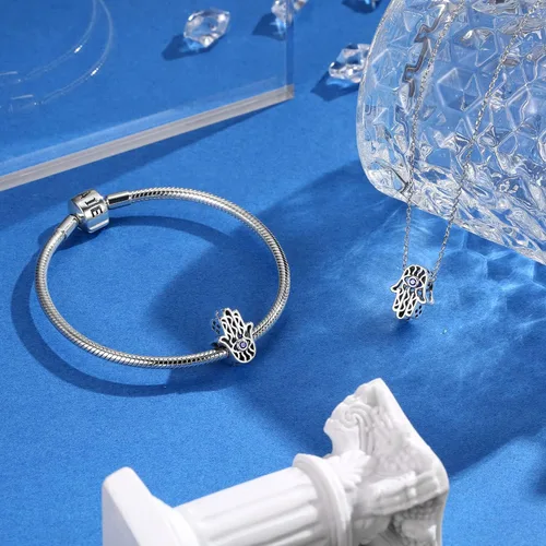 Vista 2 de AIEGNOS Dijes de Hamsa de mal de ojo para pulsera, collar de plata de ley 925, cuentas de mal de ojo de Fátima para manos de serpiente europea