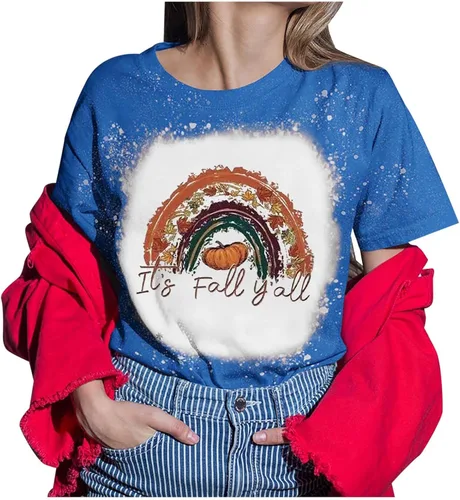 Vista 3 de Camisetas de manga corta con texto en inglés "It's Fall Y'All" para mujer, con teñido anudado, retro, camisetas de Halloween, con estampado
