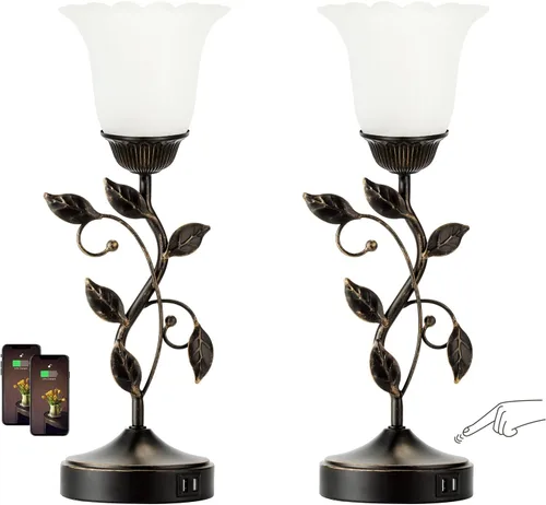 Vista 13 de Lámpara de mesa con control táctil con 2 puertos de carga USB, lámparas de mesita de noche regulables de 3 vías, pantalla de vidrio ámbar, lámpara