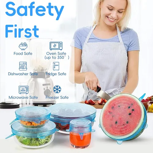 Vista 6 de 12 tapas elásticas de silicona para almacenamiento de alimentos, 6 especificaciones de cubierta de tazón de silicona reutilizable, adecuadas