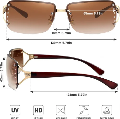 Vista 3 de Fozono Gafas de sol Y2K de moda para mujer lentes de sol rectangulares sin montura Y2K gafas de sol estéticas de moda