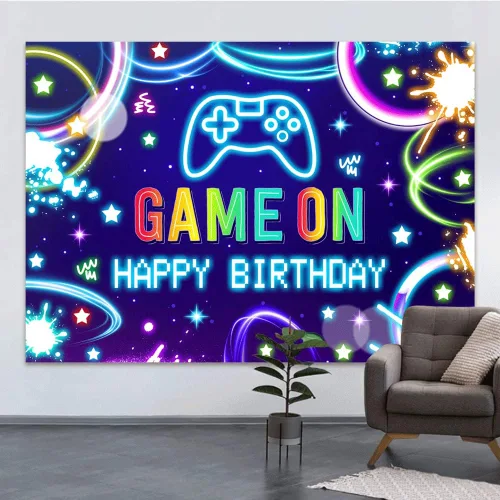 Vista 2 de Juego de 7 x 5 pies en el fondo de feliz cumpleaños, juego de noche, colorido videojuego Bday para decoración de fiesta de niños, tema de neón