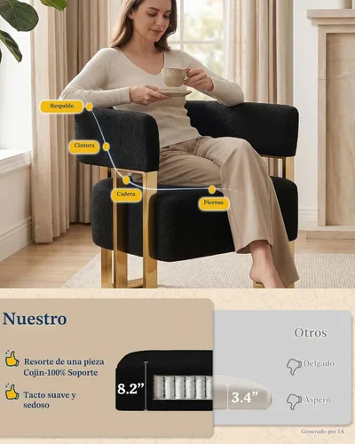 Vista 3 de Silla de acento moderna de mediados de siglo, sillón de barril, Black Boucle, pata dorada