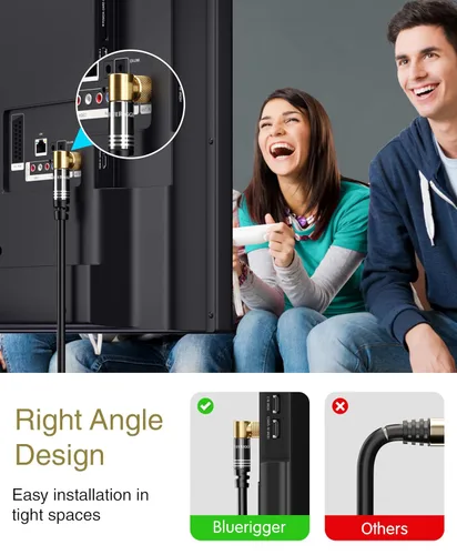 Vista 2 de Cable coaxial BlueRigger RG6 (1.5 pies, conector de 90° a conector de 90° con pin, chapado en oro, triple blindaje) – Cable coaxial de audio y video