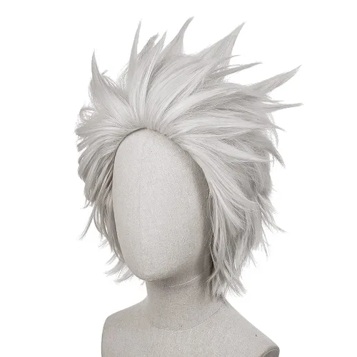 Vista 7 de Peluca corta de cosplay blanca plateada para hombre, pelucas de pelo liso de anime para Halloween