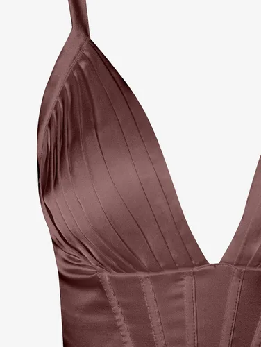 Vista 6 de ZAFUL - Vestido midi con cuello en V profundo y corsé drapeado y plisado de seda para mujer