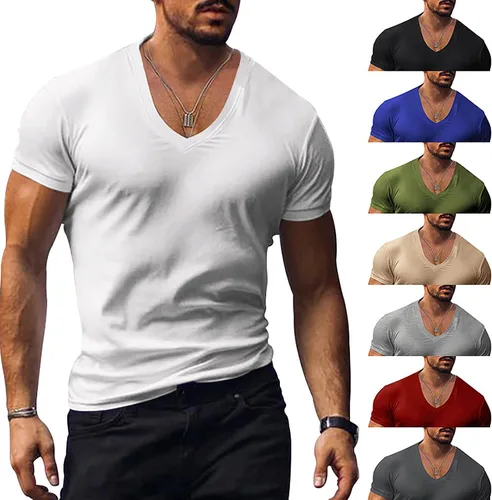 Vista 4 de EndoraDore Camiseta de manga corta con cuello en V para hombre, camiseta atlética elástica, para gimnasio, entrenamiento