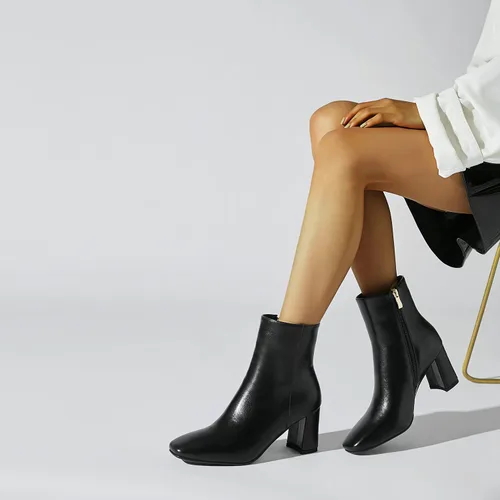 Vista 4 de Botines de tacón grueso con punta cuadrada para mujer, botines de tacón alto Go Go con cremallera lateral