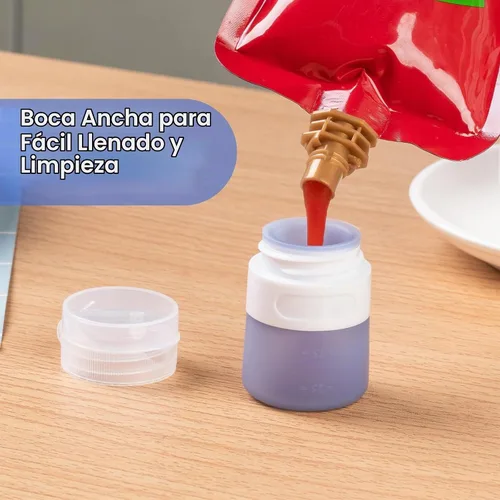 Vista 3 de MICEBAY Botellas exprimibles de condimentos para salsas, mini recipiente de silicona para aderezo de ensalada de 1 onza para llevar con bolsa de Azul