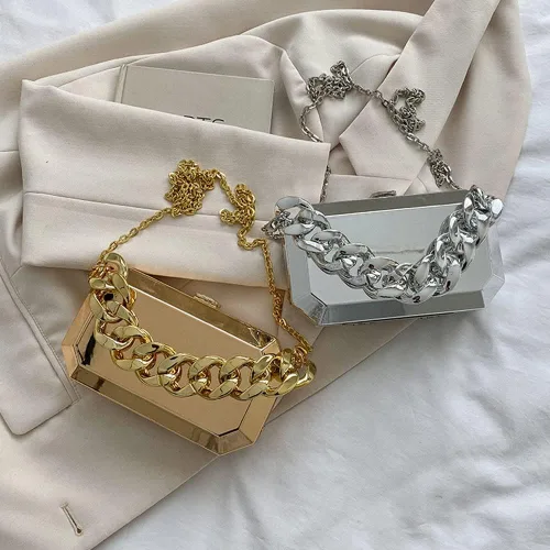 Vista 4 de Ladies Evening Clutch Vintage Purse Glitter Acrylic Chain Rectangle Metal Bucket Bag Women Handbags Party Wedding