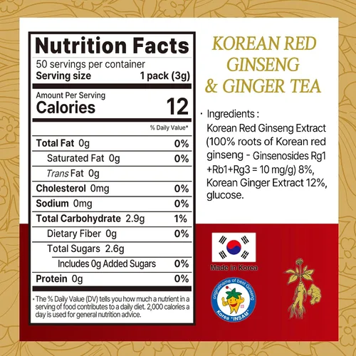 Vista 6 de SAMSIDAE Panax Ginseng rojo coreano con té de jengibre, caja de 50 bolsas, apoya la circulación, la energía, la inmunidad y la digestión, sabor suave