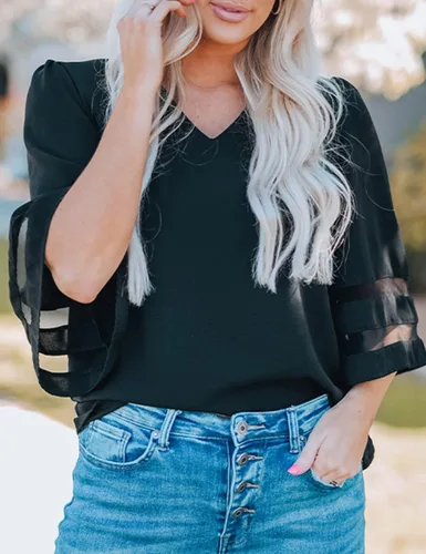 Vista 3 de LookbookStore - Blusa para mujer con paneles de malla, cuello en V, mangas acampanadas 34 y corte holgado