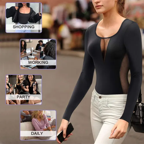 Vista 6 de Eleady Body de manga larga para mujer overol ajustado camiseta básica leotardo con control de abdomen y cintura