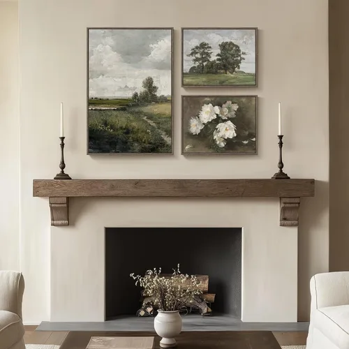 Vista 3 de 3 piezas de arte de pared en lienzo con marco vintage, gran impresión de granja de paisaje floral verde y árbol, obra de arte retro floral francesa