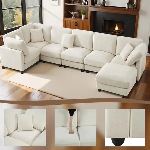Vista 5 de Sofá modular de 117 pulgadas, sofá modular de felpilla en forma de U con otomana móvil, moderno sofá modular de 7 asientos para sala de estar, Beige