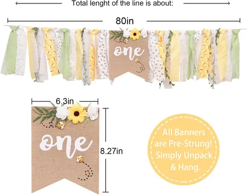 Vista 6 de OTURGC Cartel de primer cumpleaños para silla alta con temática de abeja, patrón multicolor de abeja y flores, cartel rectangular de lino de 80 x