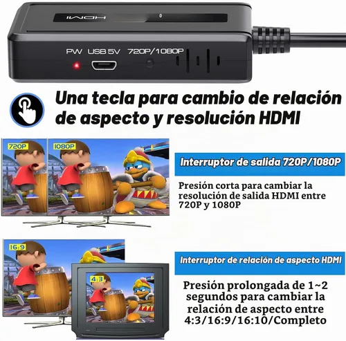 Vista 2 de Convertidor RCA Svideo a HDMI, soporte 4: 3/16: interruptor de relación de aspecto 9, interruptor de salida HDMI 720P/1080P, convertidor S-video AV