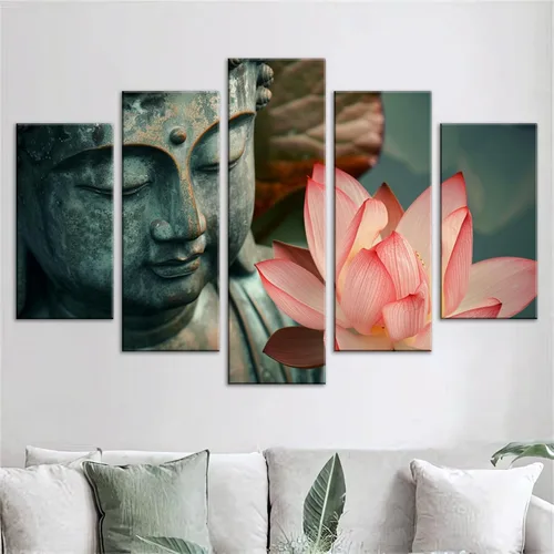 Vista 5 de NAN Wind 5 piezas de lienzo de flor de loto zen de Buda Zen, decoración espiritual para meditación, decoración pacífica del hogar, simbolismo