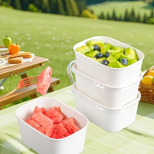 Vista 6 de Paquete de 50 cuencos de ensalada desechables con tapas, 25 onzas White Kraft Paper Food Containers, Microwave Freezer Safe, Oil-Proof Rectangular