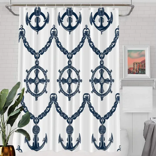 Vista 77 de Batmerry Maritime Nautical Hookless Shower Curtain with Snap in Liner Set, Anchors Ship Wheel Bath Curtain Magnetic Hem Quick-Drying Waterproof